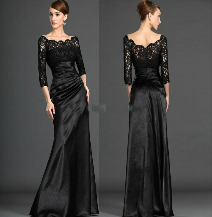 

2019 Elegant Black Long Mother Of The Bride Dresses With 3/4 Long Sleeves Scoop Neck Applique Lace Mother Evening Gowns