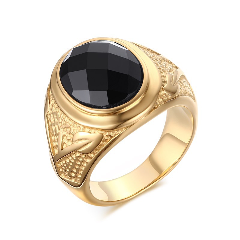 Meaeguet Men's Vintage Black Agate Onyx Round Ring Gold Plated Rings Prom Gent's Party Jewelry RC-258