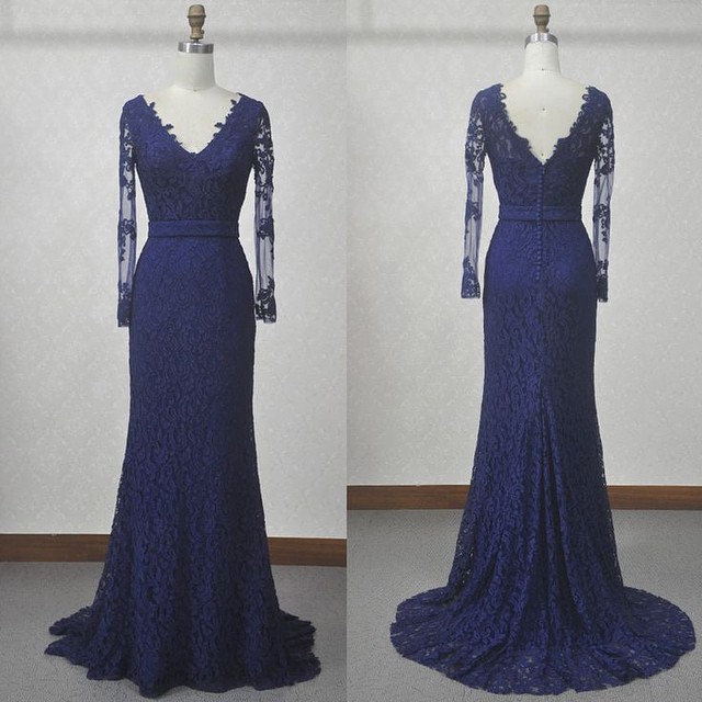 Real Mother Of The Bride Formal V Neck Long Sleeve Mermaid Lace Navy Blue Mother Groom Dresses Plus Size-image-393485526