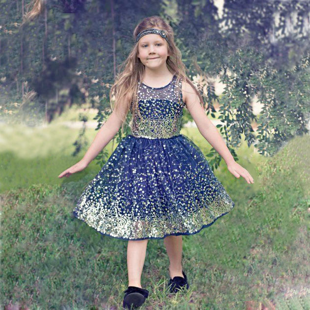 

Royal Blue Sequined Flower Girls Dresses For Wedding Jewel Neck A-Line Pageant Gowns Knee Length Tulle First Communion Dress