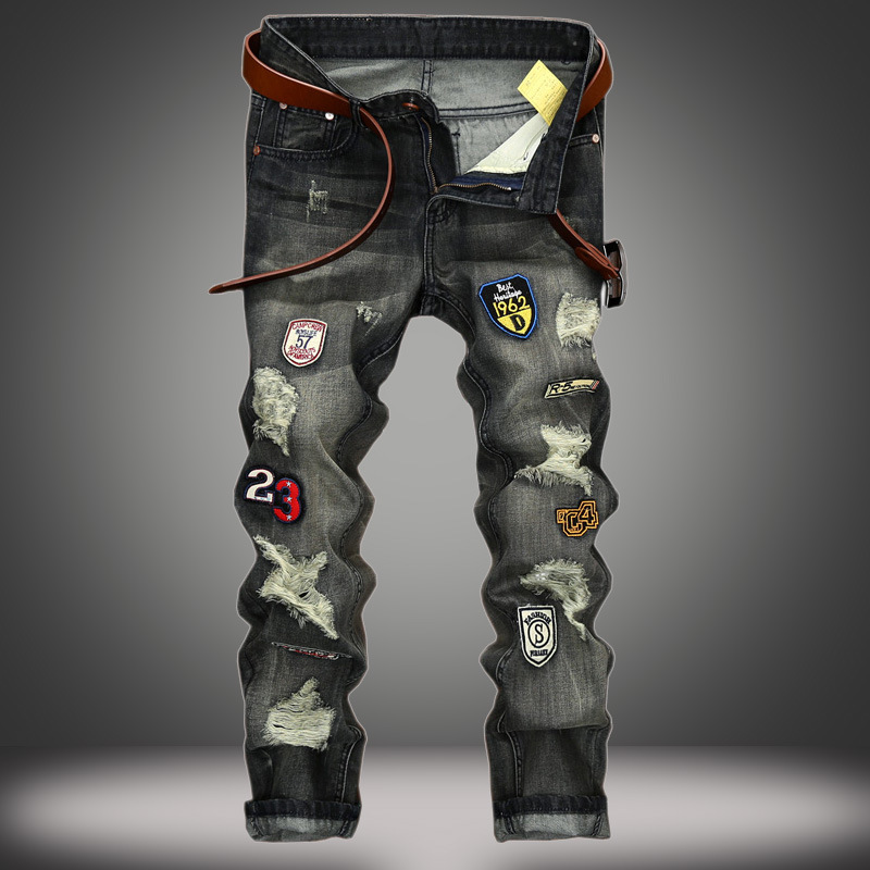

Wholesale- Mens Retro ripped jeans mens solid Washing denim jeans new number patches decoration casual trousers stretch man denim pants, Gray