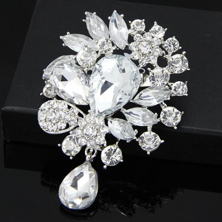 

Vintage Wedding Brooch Pins Big Crystal Waterdrop Top Quality Silver Tone Brooches Large Crystal Rhinestone Flower Women Broach Corsage