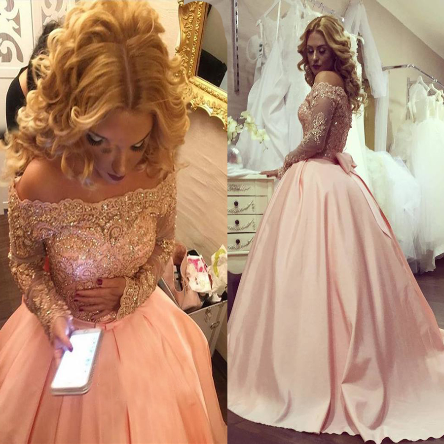 

Ball Gown Off-the-Shoulder Gold Lace Bowknot Long Sleeves Prom Dresses Satin Coral Evening Gowns vestidos de fiesta largos, Daffodil