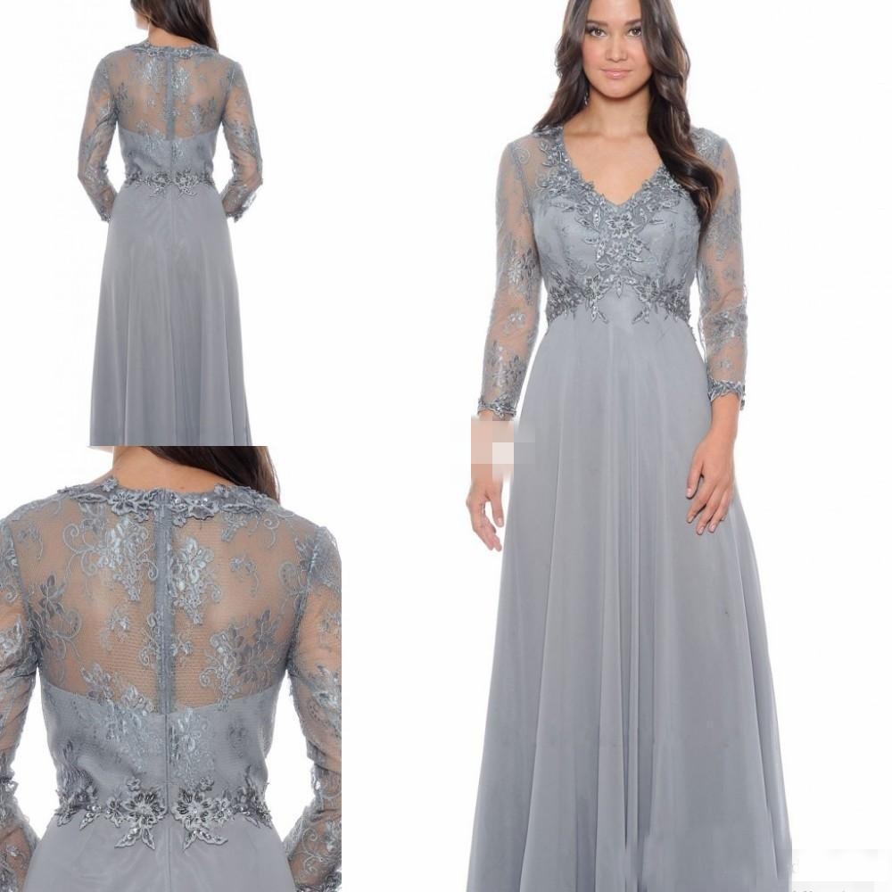 2019 New Style Grey Chiffon Mother's Dresses with Sheer Long Sleeves Applique Lace Formal Guest Evening Gowns Empire Waist