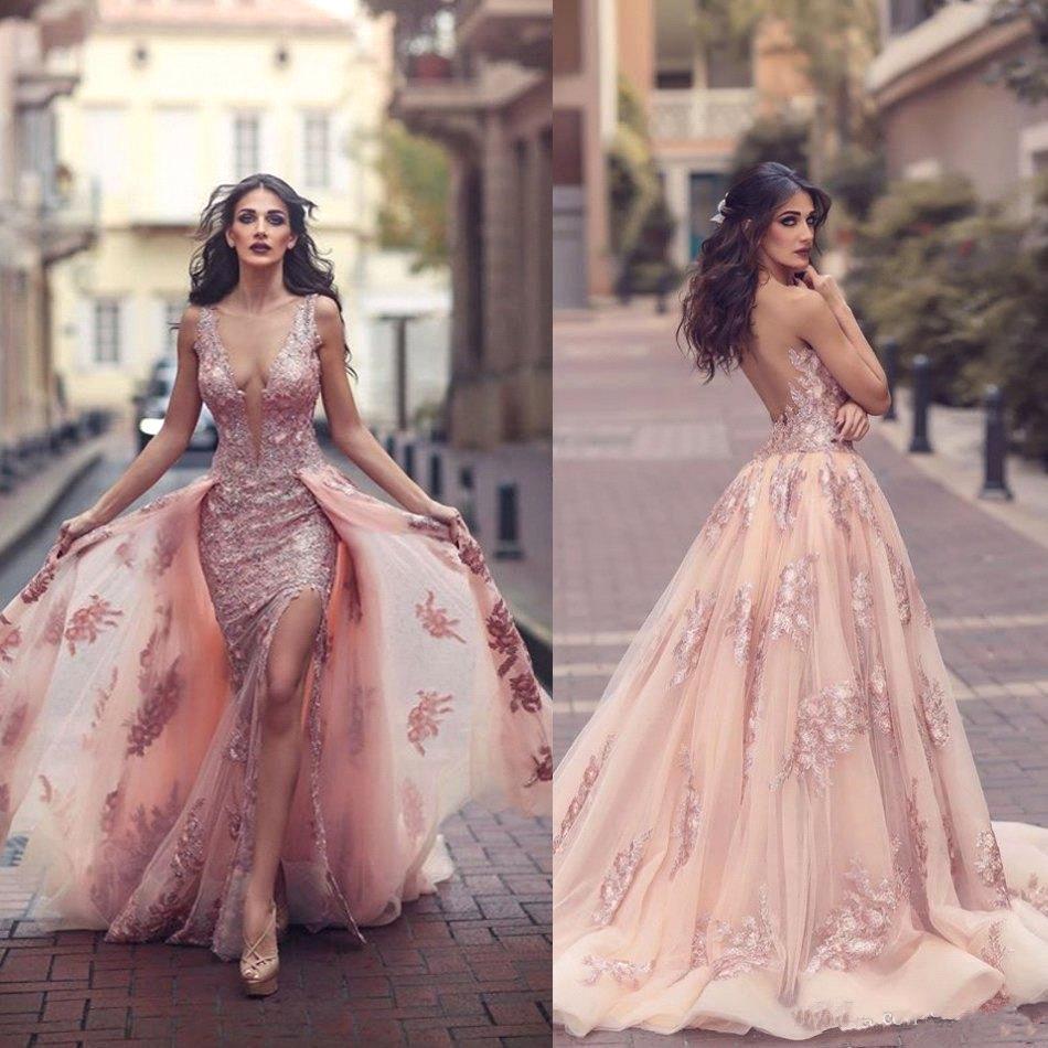

Sexy Lace Backless Prom Formal Dresses 2018 Berta Sheer Neck Sleeveless With Detachable Train Split Arabic Evening Occasion Gowns For Women, Sage
