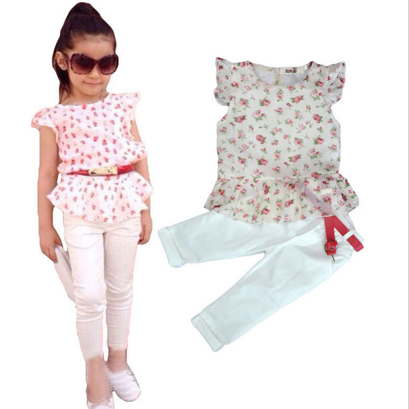 

Wholesale- 2016 Summer Girls clothing set kids girls Europe and America printed cotton t shirt+ cottton pants+belt 3 pieces clothing sets, As pic