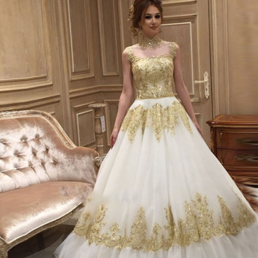 

White and Gold Wedding Dresses 2019 High Neck with Illusion A-Line Sleeveless Appliques Bridal Gowns Court Train, Ivory