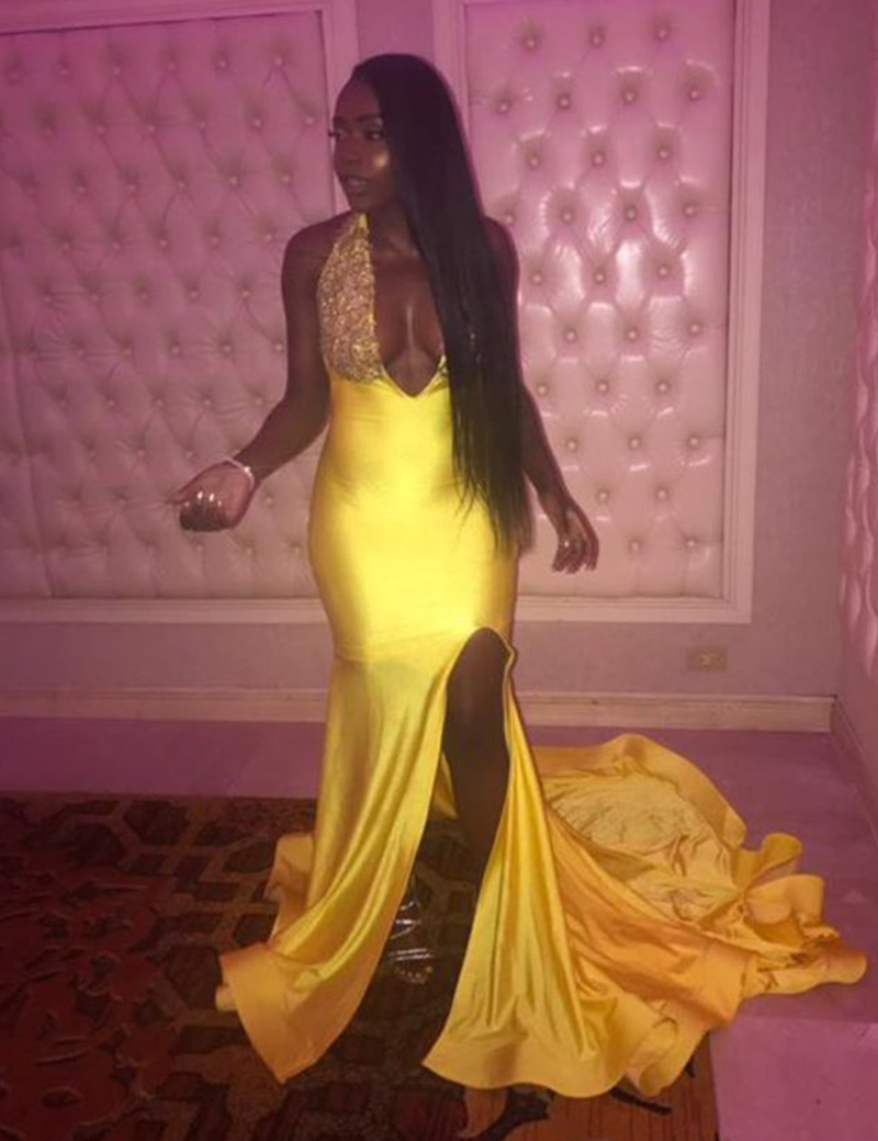 

Black Girls Prom Party Dresses Halter Beaded Deep V Front African Prom Gowns Yellow Formal Dresses with Leg Slit Backless Graduation Dresses, Champagne