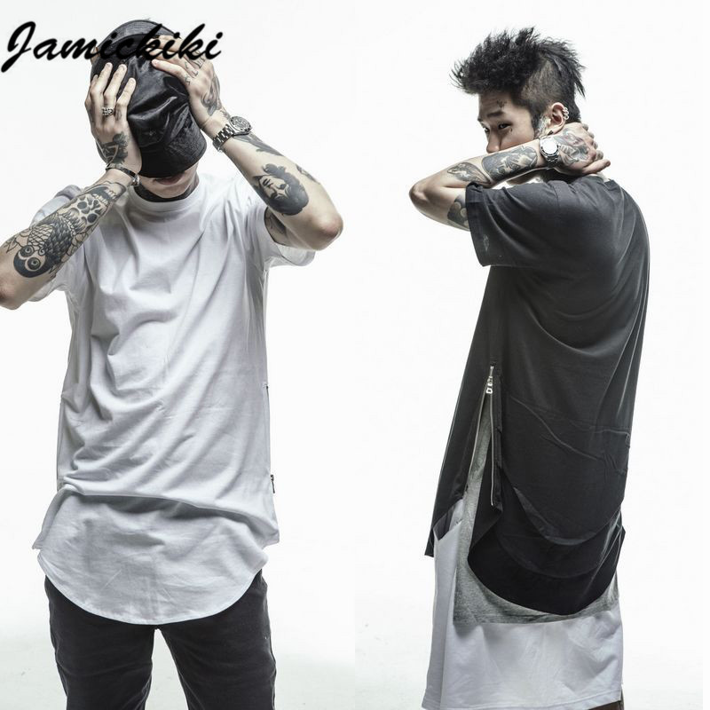 

Wholesale- 2016 Jamickiki Brand Clothing Tee Tops Side Zipper Extended Mens Hip Hop Casual High Street Fashion T Shirt Men tshirt homme H06, Black