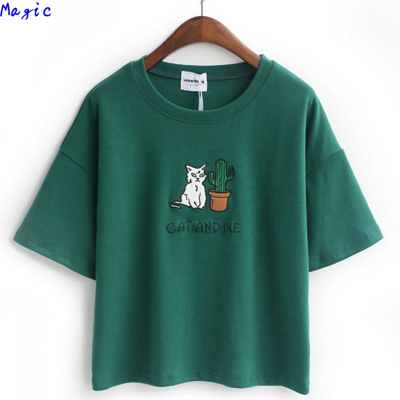 

Wholesale-[Magic] Embroidery Cat Cactus casual t shirt for Women cotton t-shirt short loose style tops hot tee 4color JA22 free shipping, White