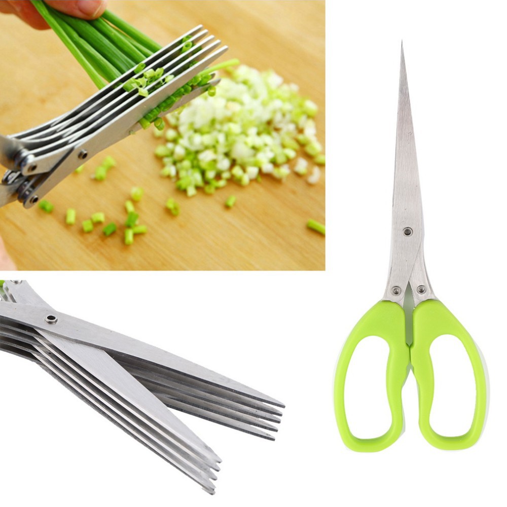 JA13 Multi-functional Stainless Steel Kitchen Knives 5 Layers Scissors Sushi Shredded Scallion Cut Herb Spices Scissors Cooking Tools