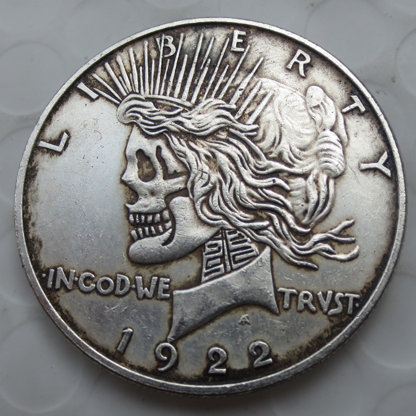 

US Head-To-Head Two Face 1921/1922 Peace Dollar skull zombie skeleton hand carved Copy Coins