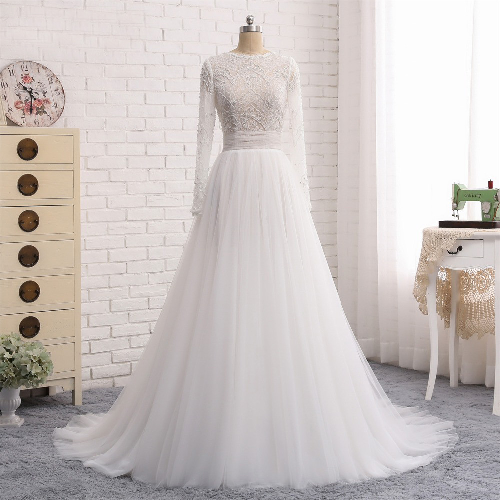 

vestidos de novia New Fashion Wedding Dresses O-Neck Long Sleeves Court Train Lace Tulle A-Line China Bridal Gowns, White