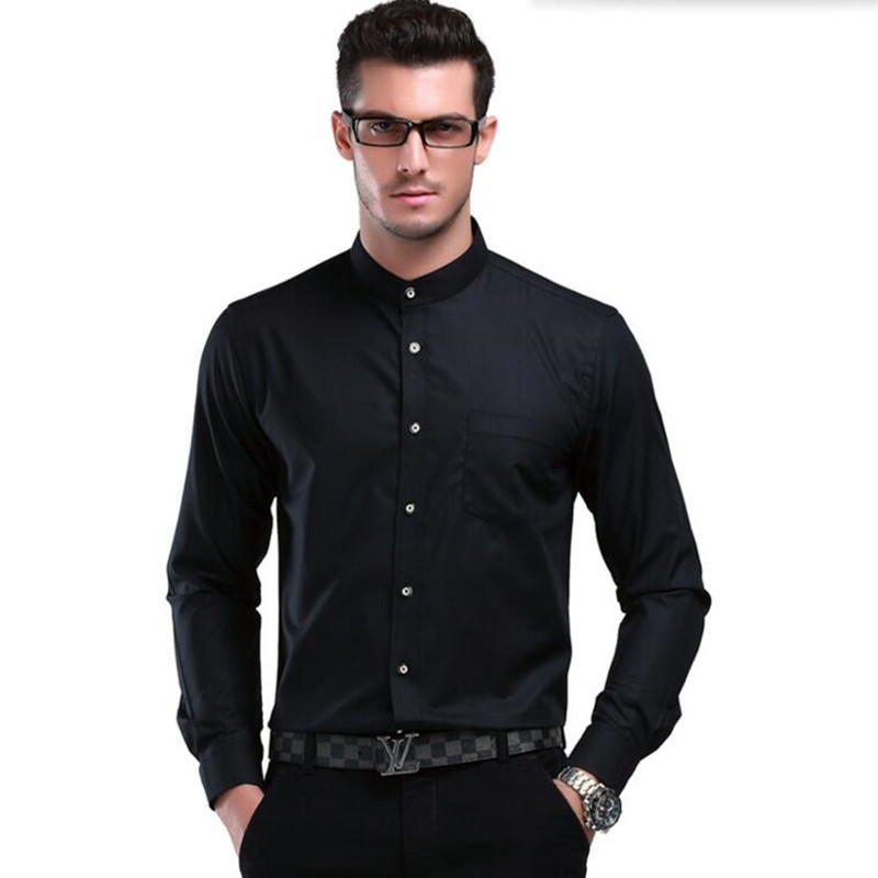 

Chinese style mandarin collar white men shirt groom long-sleeved shirt pure color high quality business casual interview party dress shirt, White;black