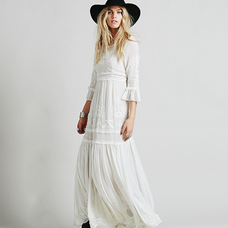 

Bohemian Dress Women Seven Sleeve Embroidery Boho Dress Round Neck Sexy Long Dress Cotton Loose Female Robe, Black;gray