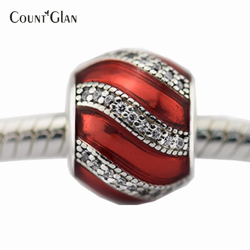 Beads Fits Pandora Charms Bracelets Original Silver 925 Adornment Translucent Red Enamel&Clear CZ Charm Beads For Jewelry Making-image-396845770