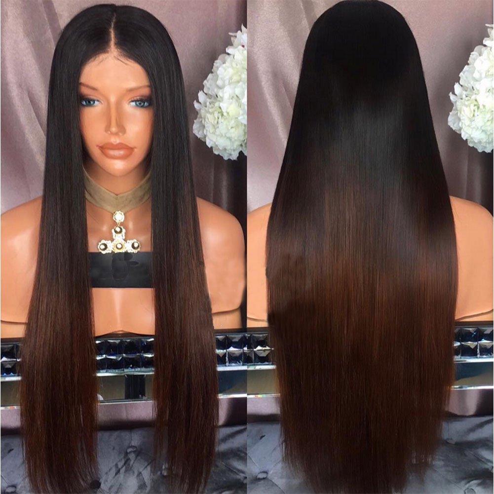 

Ombre Color Human Hair wig Straight 100% Real Brazilian Glueless Lacse Front Full Lace Wigs 150% Density bleached knots, Natural color