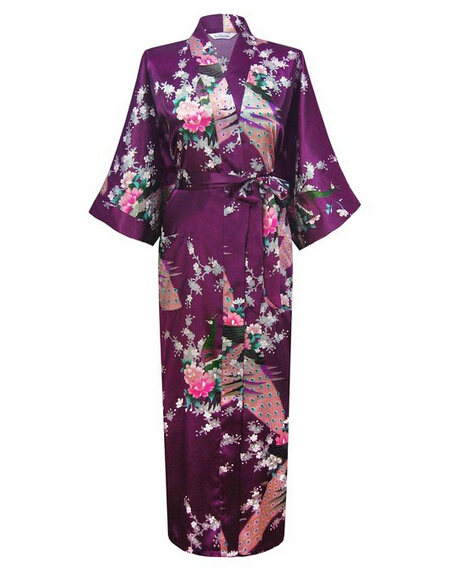 

Wholesale- Purple Fashion Women' Peacock Long Kimono Bath Robe Nightgown Gown Yukata Bathrobe Sleepwear With Belt  M L XL XXL XXXL, Green
