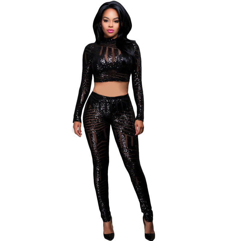 Gros-Hiver Femmes Paillettes Combinaison Maille Voir À Travers 2 Pièces Ensembles Femmes Body À Manches Longues Sexy Party Club Combinaisons Barb