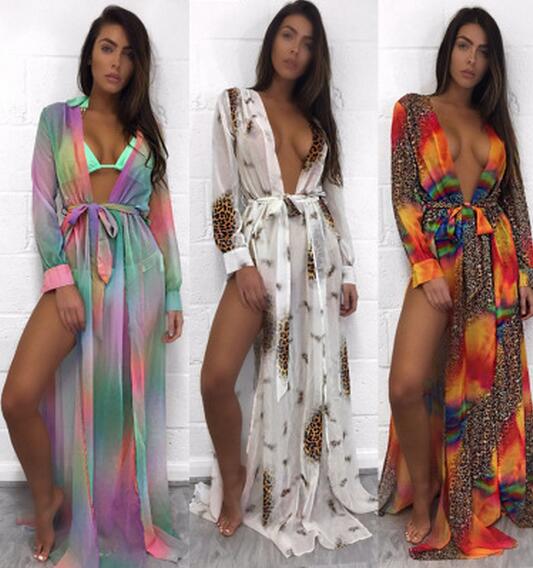 

Deep V split Beach Maxi Dresses Sexy Boho Long sleeves Leopard floral print Women Swimsuit bikini blouse skirt wholesale-2017, Black;gray