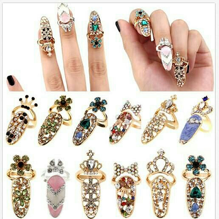 

Cute Rhinestone Bowknot Finger Nail Ring For Women Crown Flower Crystal Personality Nail Art Rings Resizable Knuckle Fashion Party Jewelry