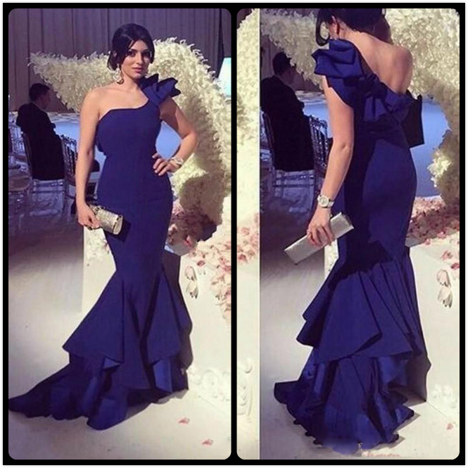 Navy Blue Satin Mermaid Long Evening Dresses New Arrived Simple Ruched One Shoulder Party Dress Robe de Soire Customize Prom Gown
