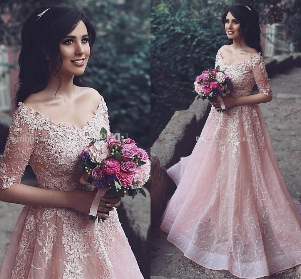 

Modest Blush Pink Prom Dresses V Neck Off Shoulder Half Sleeves Sequins Organza Sexy Saudi Arabic Evening Dresses Formal Gowns, Fuchsia