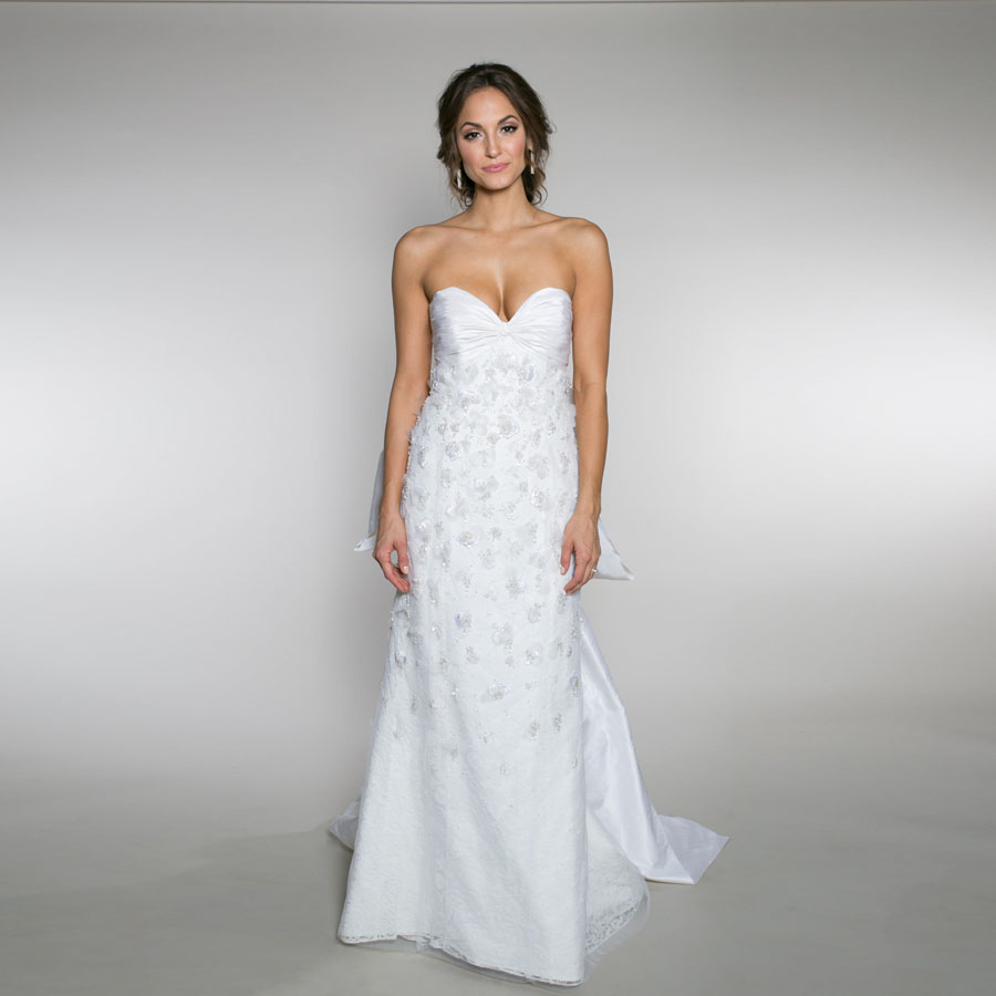 

Beaded Sheath Wedding Dress Has Multiple Layers Of Fabric With a Gigantic Bow Detail With Tails At The Center Back Bridal Dress, Custom made from color chart
