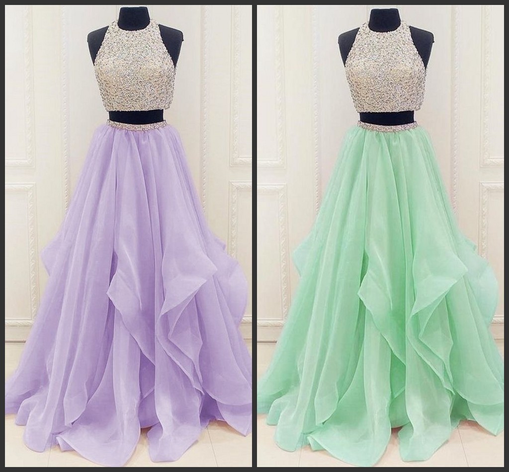 2022 Lavande Prom Deux Pièces Robe Longue Robe Sans Manches Sur Mesure Vêtements De Cérémonie De Haute Qualité Formelle De Bal Doux 15 Robes De F