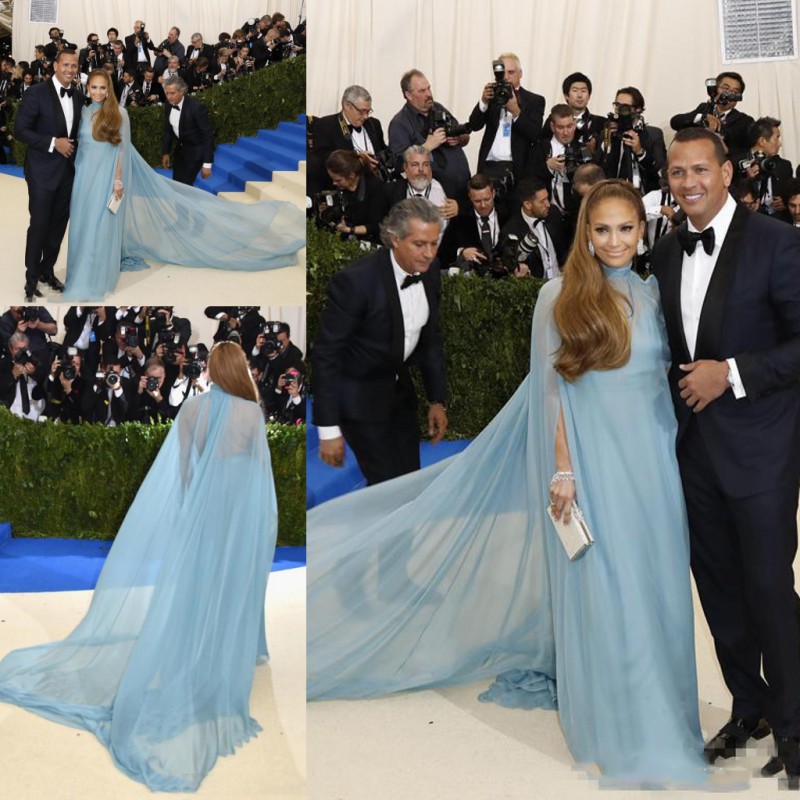 

Light Blue Chiffon Long Celebrity Dress High Neck Cape Style Evening Gowns Sheer Back Formal Party Prom Dress Cheap Formal Wear, Hunter green