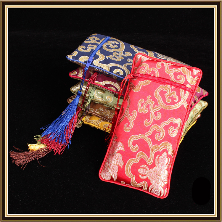 

Lengthen Tassel Zip Purse Bag Travel Silk Brocade Jewelry Necklace Gift Bags Comb Storage Pouch Chinese style Craft Packaging 50pcs/lot