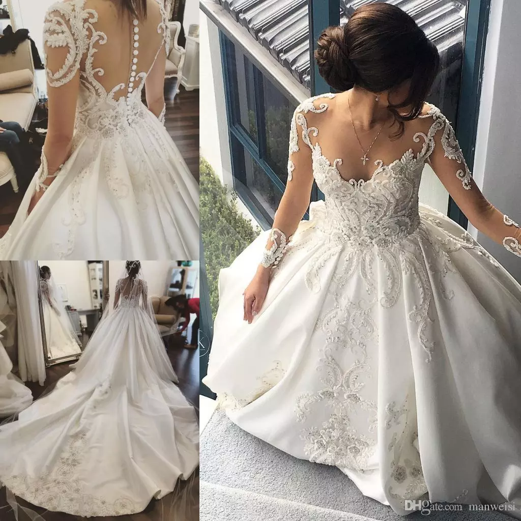 

Long Sleeve 2022 Wedding Dresses Lace Applique Crystal Sheer Neck Bridal Gowns Cathedral Train Satin Plus Size Wedding Dress, Gold