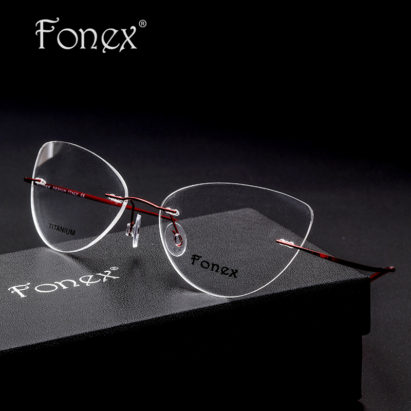 

Wholesale- 2019 Vintage Fashion for Women Cat Eye Rimless Glasses Women Optical Memory Titanium Eyeglasses Myopia Frame Eyewear Silhouett