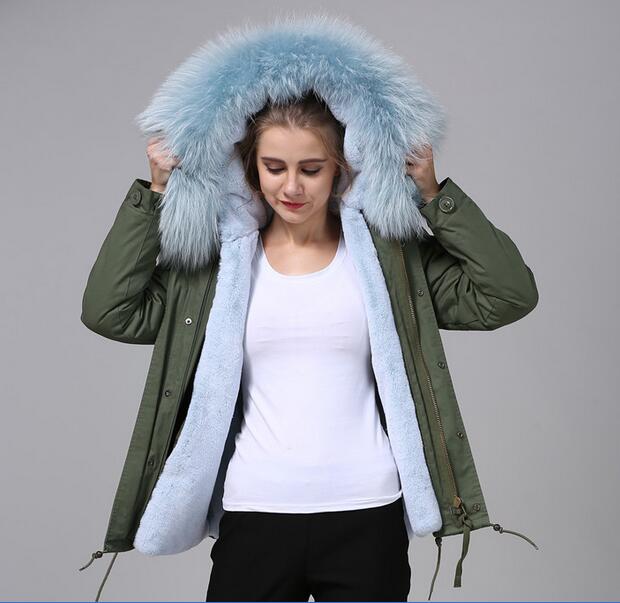 

Meifeng light blue fur rabbit fur lined army green mini parka winter snow fur coats warm jackets for women, Brown fur