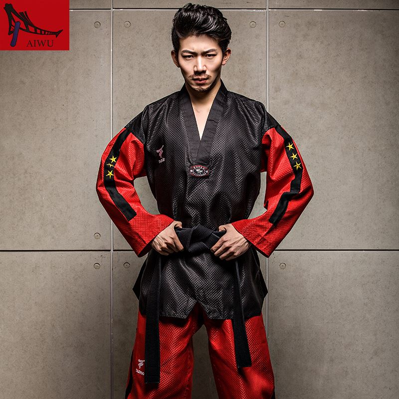 

Hot sell Lucamino five-star doboks adult men and women Taekwondo Taekwondo coach clothing long sleeved clothing unisex taekwondo uniforms, Black red