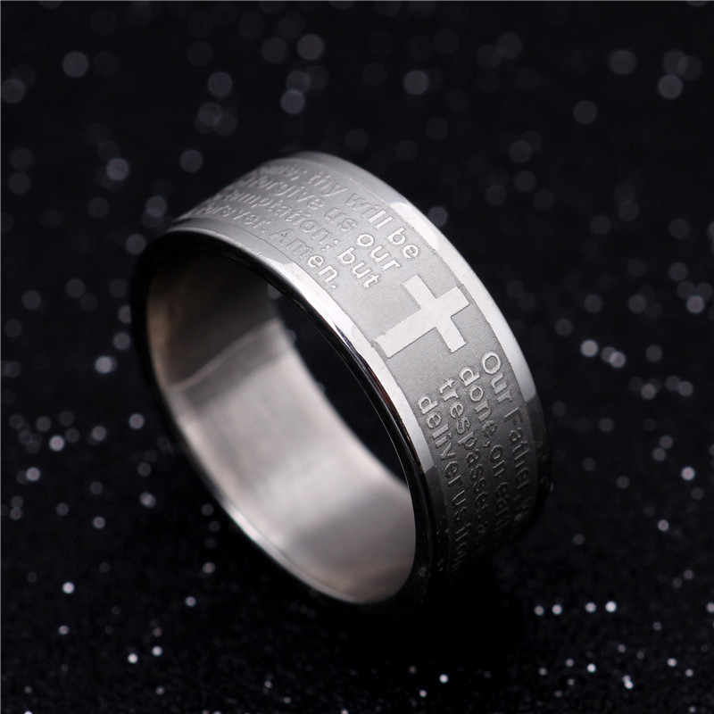 

wholesale 50PCs English The Lord's Prayer Silver Stainless Steel Etching Men's Jewelry Rings Wholesale Mixed Lots