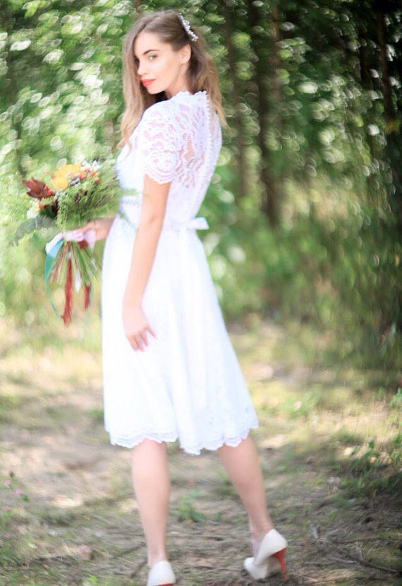 

Summer Garden Boho lace Wedding Dresses Short Lace Bridal Gowns Cheap Custom Made Plus Size Cheap Wedding Dresses, Champagne