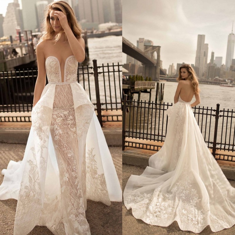 

Berta Sweetheart Neckline Mermaid Wedding Dress Appliques Sash Bridal Gowns Sweep Train Backless Robe de mariée, White