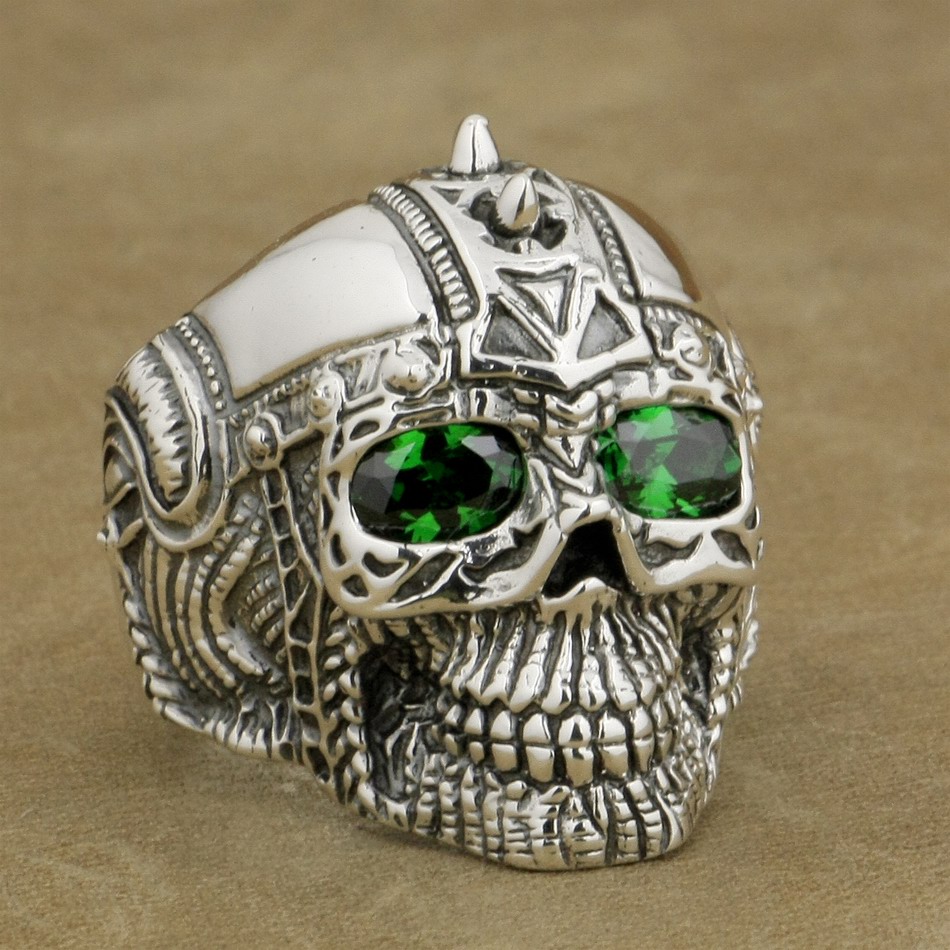 

LINSION 925 Sterling Silver Gothic Tattoo Skull Ring Green CZ Eyes Mens Biker Rock Punk Style 9G505 US Size 7 to 15