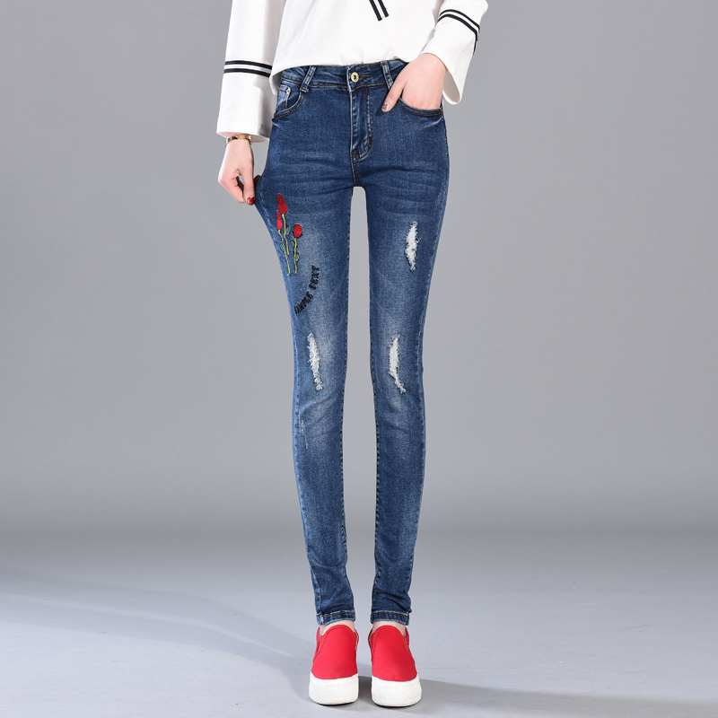 

Korean Version Jeans Of The New Spring Rose Embroidery Girls Feet Jeans Waist Elastic Long Pants Are All-match Hole Pants Hot Sale, Blue