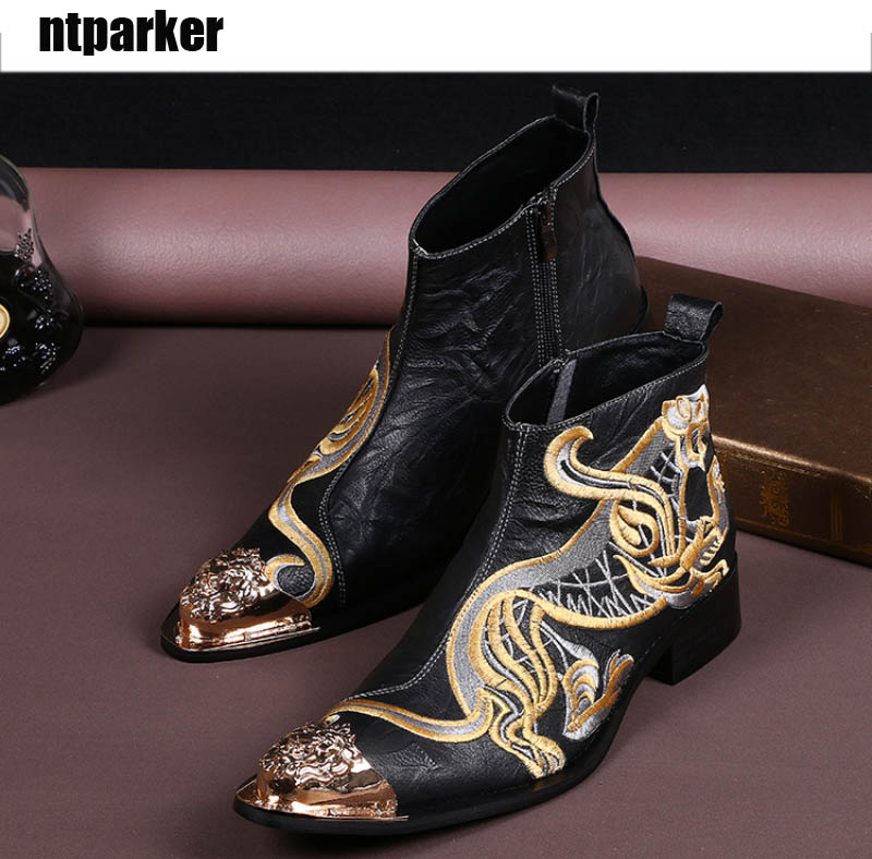 New Rock Fashion Embroidery Ankle Boots Man Leather Boots Sexy Nightclub Shoes Motocycle Ankle Boots Man!4546