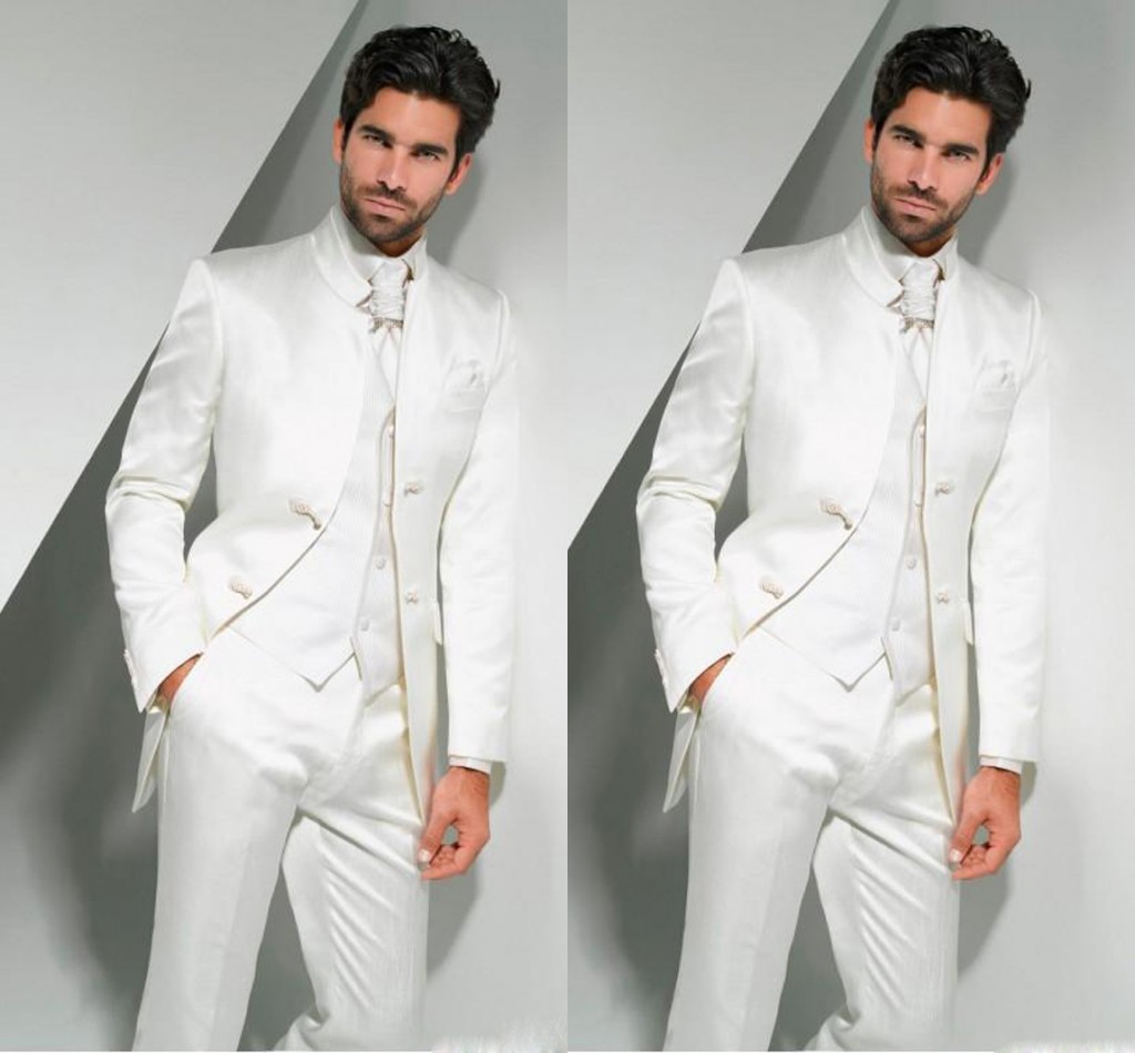 Online Groom Tuxedos 2017 Mandarin Lapel Men's Suit White Groomsman/Best Man Wedding/Prom Suits(Jacket+Pants+Tie+Vest)