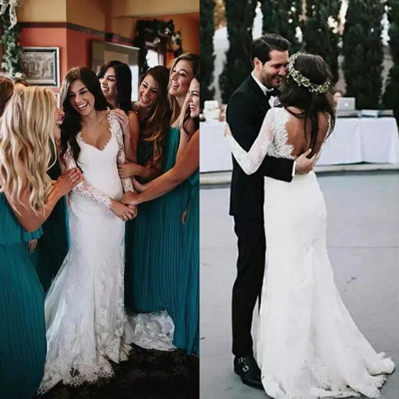 

Boho Wedding Dresses 2017 Sexy Backless Lace Long Sleeve Mermaid Open Back Bridal Gowns Bohemian Custom Made China EN10144, Custom made from color chart