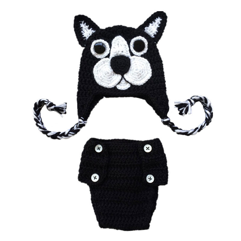 

Newborn Boston Terrier Costume,Handmade Crochet Baby Boy Girl Dog Animal Hat Diaper Cover Set,Inant Toddler Photo Prop Halloween Costume, White