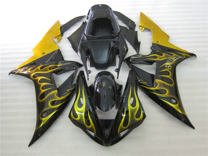 

Injection molded bodywork fairing kit for Yamaha YZF R1 2002 2003 gold flames black fairings set YZF R1 02 03 OT47, Same as picture