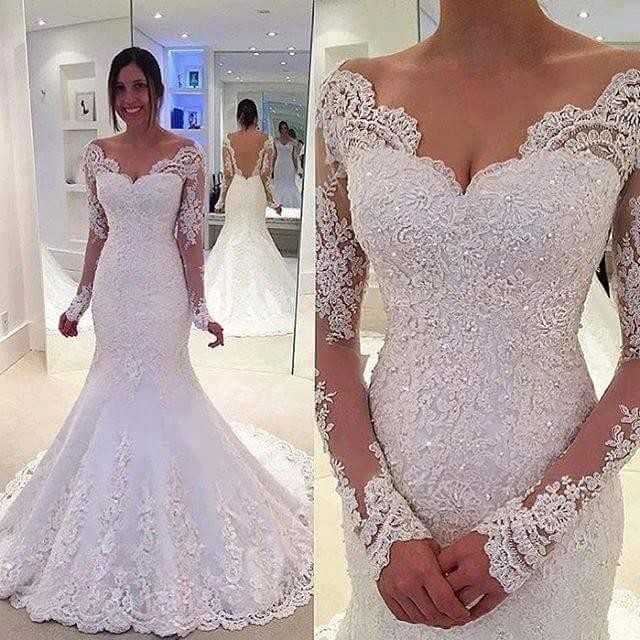Vente chaude Nouvelle Robe De Mariée En Dentelle De Sirène Perlée Paillettes Balayage Train V-Cou Dos Nu À Manches Longues De L'épaule Robes De M