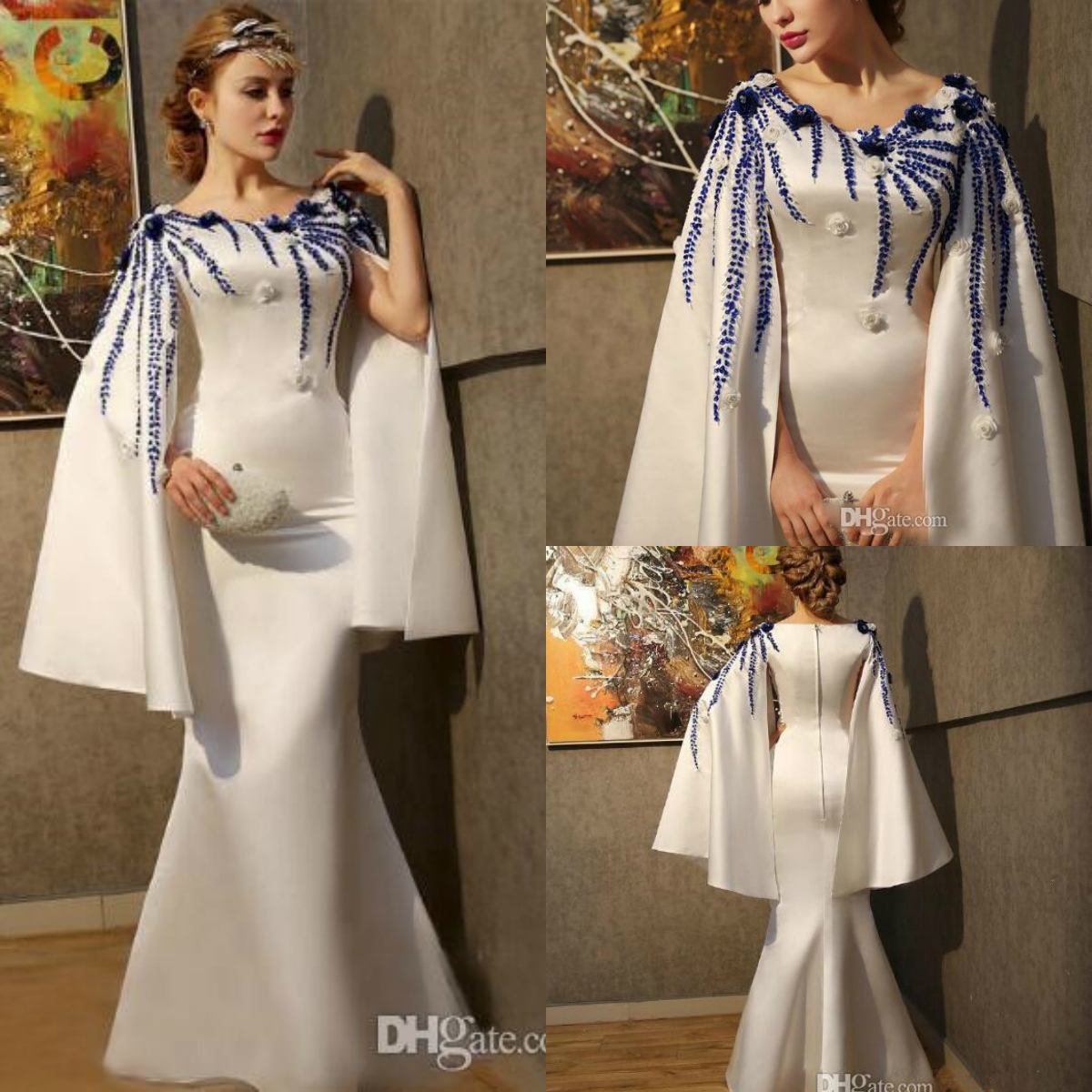 

Mermaid Charming Prom Dresses With Cape Scoop Neck Party Evening Gowns Handmade Flowers Trumpet Floor Length Dress For Christmas, Dark green