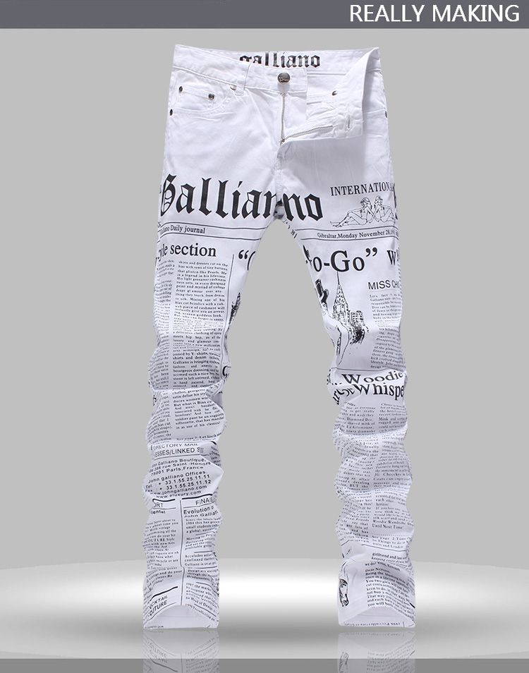 

Wholesale-Hot Men's John Males Galliano Top Quality Punk Rock Nightclub DS DJ Newspaper printed pattern Slim Jeans Motorcycle Jeans, White