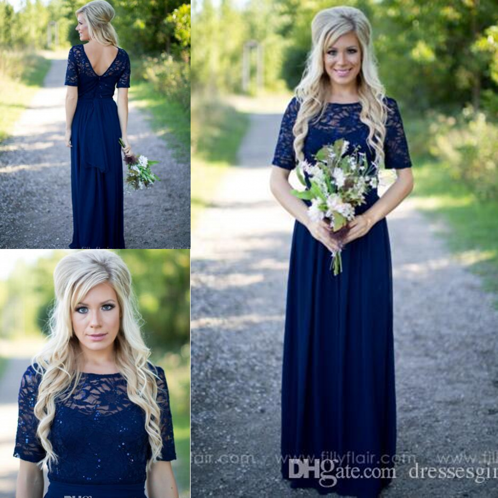 Elegant Navy Blue Country Style Cheap Bridesmaid Dresses Lace Short Sleeves Chiffon V Back Long Wedding Guest Dresses