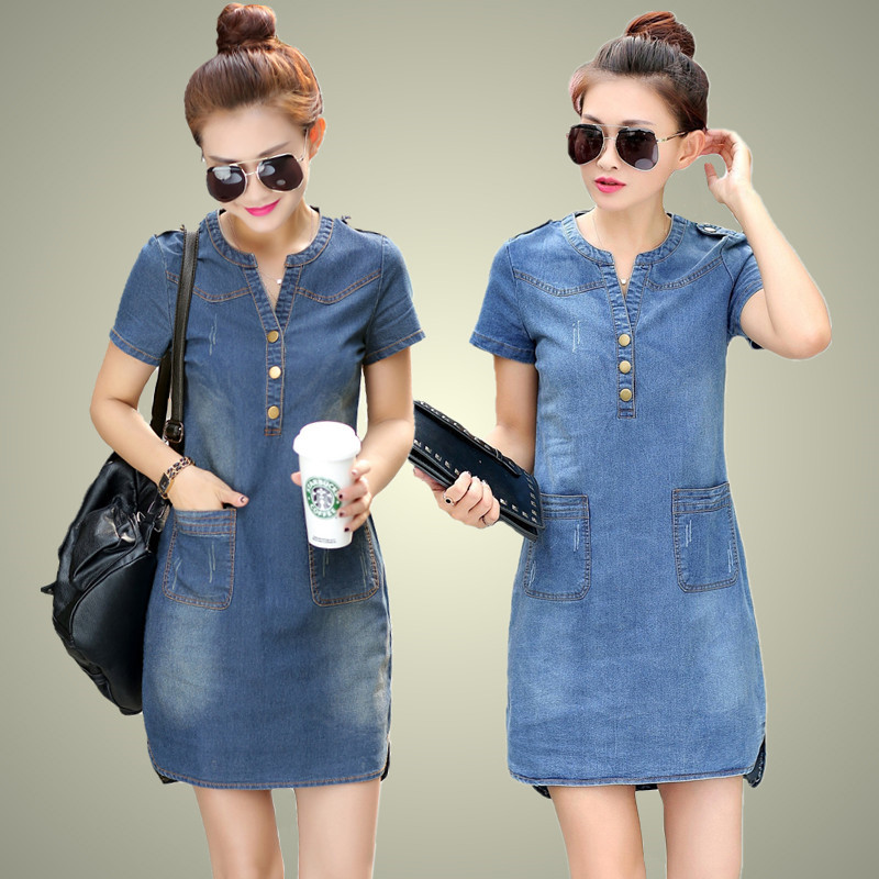 

Wholesale- Hot sale 2016 new summer denim dress women loose fashion jean dress lady slim short sleeve plus size TY5071, Navy blue